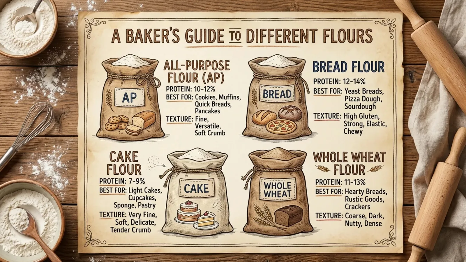 Nano Banana 2.1 infographic comparing types of baking flour with labeled sacks