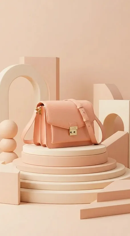 Nano Banana 2.1 edit showing the same peach shoulder bag on a cream plinth with geometric props