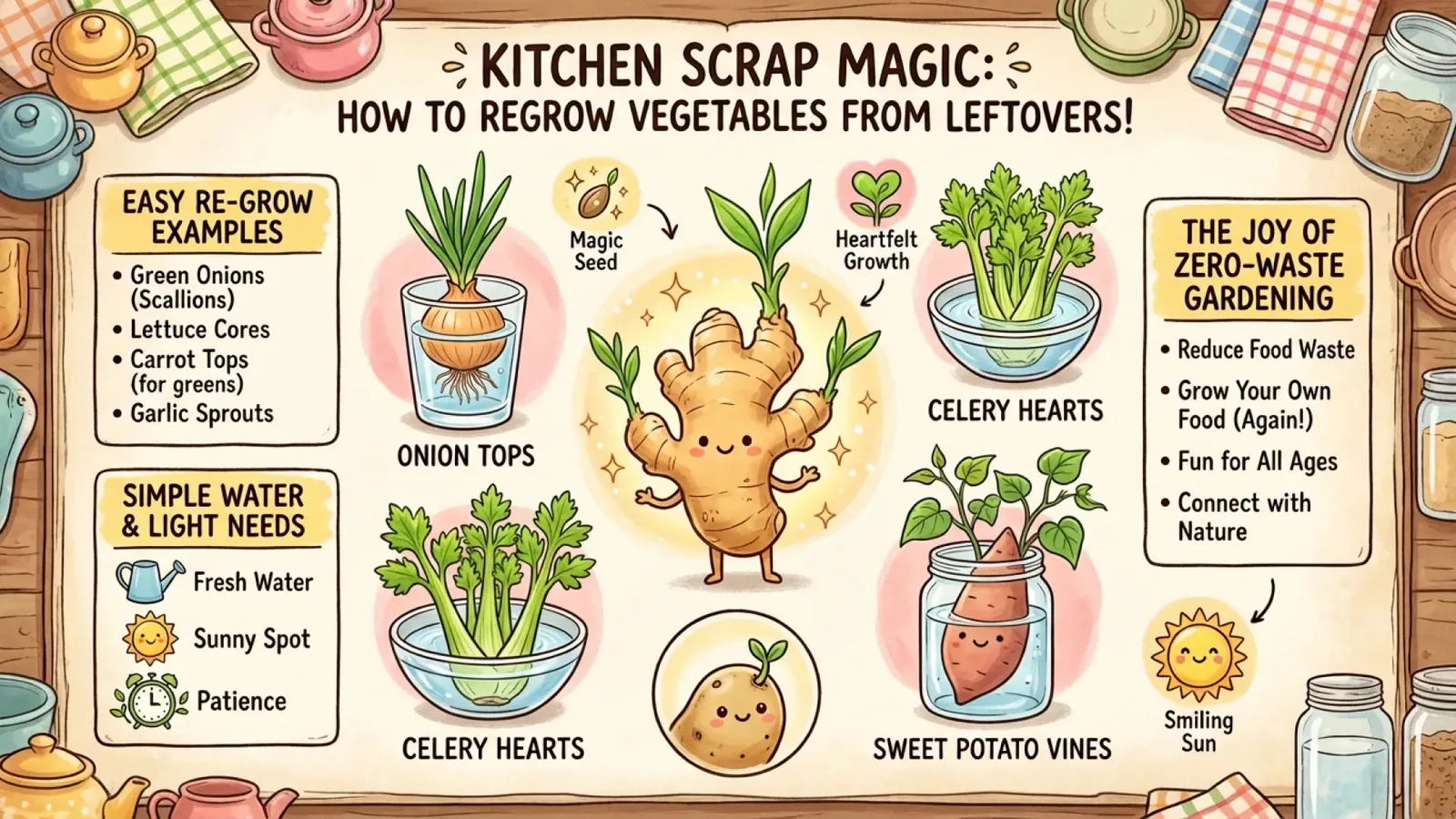 Nano Banana 2.1 illustrated infographic about regrowing vegetables from kitchen scraps