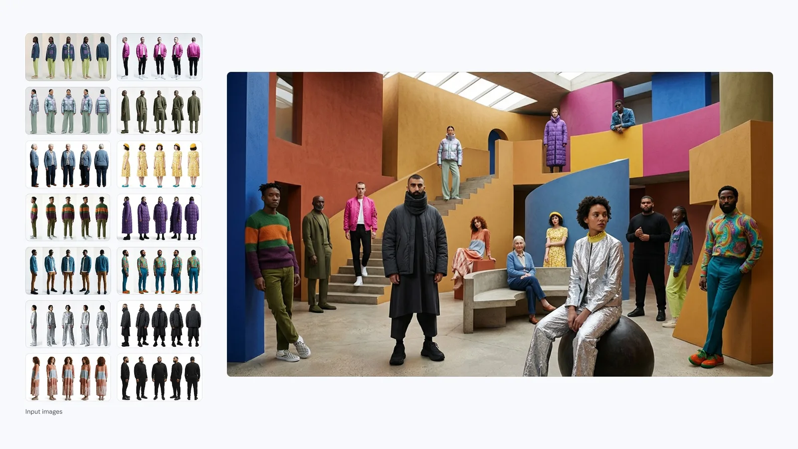 Nano Banana 2.1 example combining several fashion reference looks into one geometric studio scene